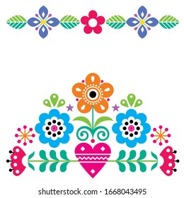 Scandinavian cute folk vector greeting card pattern with flowers, spirng floral design inspired by traditional embroidery from Sweden, Norway and Denmark. Retro nature happy folk art ornament 