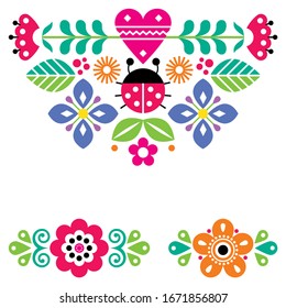 Scandinavian cute folk vector greeting card pattern with ladybird and flowers, spirng floral design elements inspired by traditional embroidery from Sweden, Norway and Denmark. Retro nature happy 