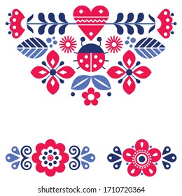 Scandinavian cute folk vector greeting card pattern with ladybird and flowers, spring floral design elements inspired by traditional embroidery from Sweden, Norway and Denmark
