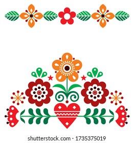 Scandinavian cute folk vector greeting card pattern with flowers, autumn  floral design inspired by traditional embroidery from Sweden, Norway and Denmark. Retro nature happy folk art ornament 