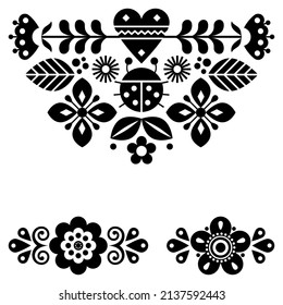 Scandinavian cute folk vector greeting card pattern with ladybird and flowers, black and white spring floral design elements inspired by traditional embroidery from Sweden, Norway and Denmark.