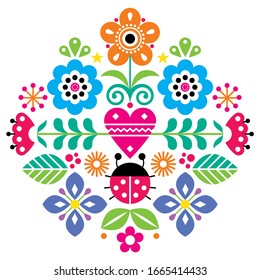 Scandinavian cute folk vector pattern with flowers and ladybird, spirng floral pattern inspired by traditional embroidery from Sweden, Norway and Denmark. Retro nature happy folk art ornament