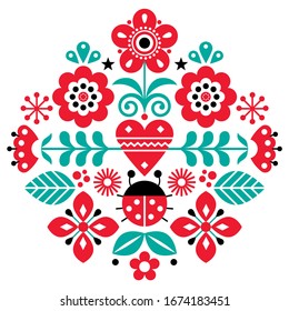 Scandinavian cute folk vector pattern with flowers and ladybird, spirng floral pattern inspired by traditional embroidery from Sweden, Norway and Denmark. Retro nature happy folk art ornament 