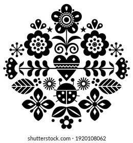 Scandinavian cute folk vector pattern with flowers and ladybird, black and white floral pattern inspired by traditional embroidery from Sweden, Norway and Denmark. 