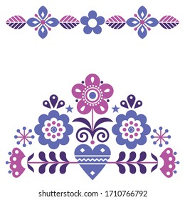 Scandinavian cute folk vector pink and purple greeting card pattern with flowers, spring floral design inspired by traditional embroidery from Sweden, Norway and Denmark

Retro nature happy folk art