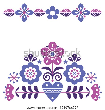 Scandinavian cute folk vector pink and purple greeting card pattern with flowers, spring floral design inspired by traditional embroidery from Sweden, Norway and Denmark

Retro nature happy folk art