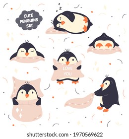 Scandinavian cute funny penguins set isolated. Adorable Trendy arctic chubby bird design elements for nursery, baby apparel, stickers. Animal illustration poster. Vector flat cartoon childish drawing