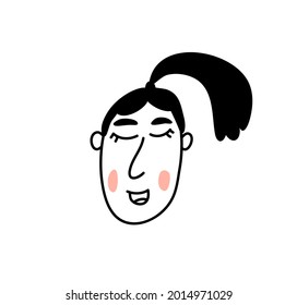 Scandinavian Cute girl smiling face. Woman face icon with long black hair. Girl with hairstyle. Vector illustration with doodle style people.