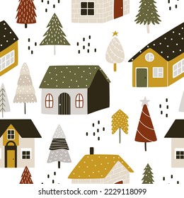 Scandinavian cute houses among Christmas trees and abstract decor. Vector seamless pattern for Christmas and New Year gift wrapping paper