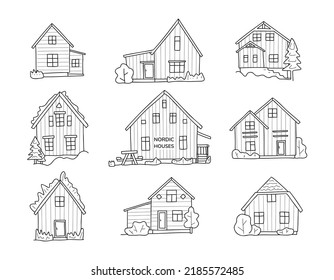 Scandinavian cute houses doodle set. Nordic house facades. Hand drawn sketch of tipical norway buildings. Typical northern facades made of sandwich panels. Vector illustration for card cityscape