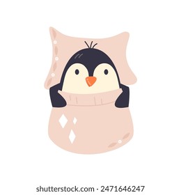 Scandinavian cute penguin having a nap isolated. Adorable arctic chubby bird. Nursery baby animal character design. Personage sleeping on pillow with blanket. Hand drawn flat kid vector illustration