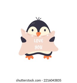 Pingüino lindo escandinavo con almohada. Adorable pájaro regordete de moda. Diseño de concepto de declaración de amor. Huella infantil de animales ingenuos. Ilustración vectorial plana dibujada a mano aislada