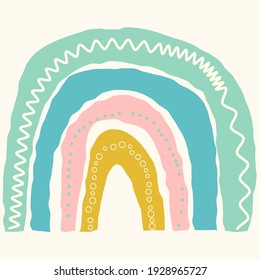 Scandinavian cute rainbow isolated on a white background. Cartoon fun rainbow. Childish drawing for nursery design. Bright doodle hand drawn illustration. Scandinavian design.