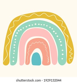 El arcoíris lindo escandinavo aislado en un fondo blanco. Caricatura en arco iris divertido. Dibujo infantil para el diseño de guardería. Dibujo a mano de doodle brillante. Diseño escandinavo.