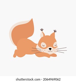 Scandinavian cute sleeping little squirrel. Hand drawn vector element for nursery decoration, baby shower, birthday, children's party, poster, invitation, postcard, kids clothes