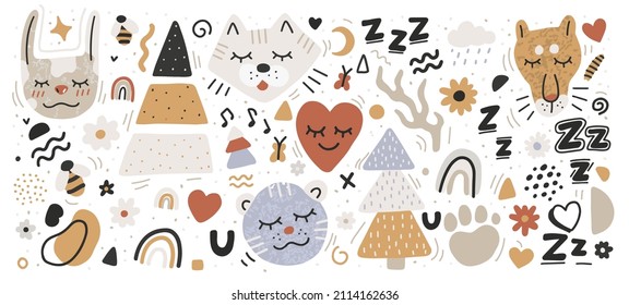 scandinavian cute vector illustration isolated elements on white background. doodles flat design for kids and babies, product design. sleeping forest animals - fox, bear, kitten, bunny