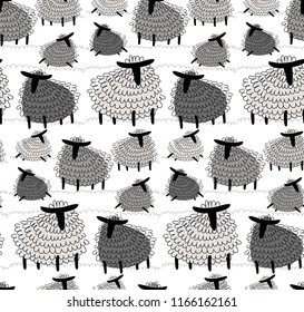 Scandinavian cute vector illustration, seamless pattern of graphic drawing monochrome sheep. Fluffy wool lamb background for fabric, textile, paper, wallpaper, wrapping or greeting card. Kids element