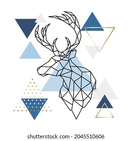 Scandinavian deer on an abstract background. Geometric Deer silhouette. Polygonal Reindeer head and horns. Scandi style.