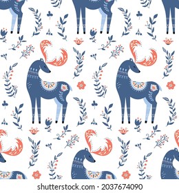 Scandinavian deer seamless pattern. Cute folk forest animals nursery print. Baby floral wallpaper in nordic style. Folklore reindeer. Vector background for fabrics, textile, and wrap paper. 