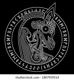 Scandinavian design. Dragon head. The bow figure of the Viking ship Drakkar and runic circle, vector illustration