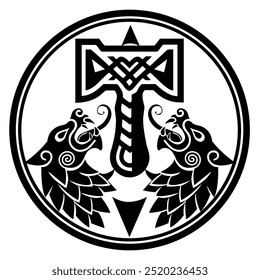 
Scandinavian design. Dragon head with Thor's hammer.. Design for tattoo.
Dragon head painted in Old Norse Celtic style, isolated on black vector illustration.