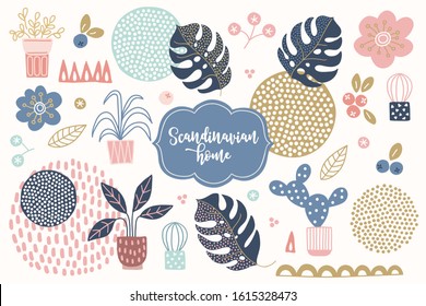 Scandinavian design elements - house plants, succulents, monstera leaf, berries, flowers, cactus, wave, triangles. Perfect for home decor, holiday greeting cards, background, wallpaper