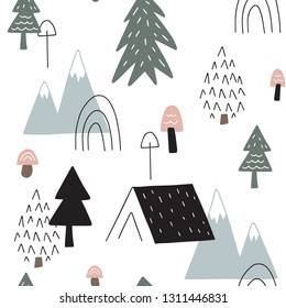 Scandinavian design. Hand drawn seamless pattern with mountain, forest and house. Minimalistic background. Vector illustration