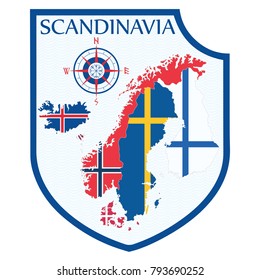 Scandinavian design. Heraldic shield, a background map of the Scandinavian Countries - Sweden, Norway, Denmark and Finland, Iceland, Faroe Islands, isolated on white, vector illustration