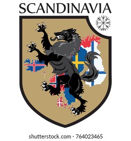 Scandinavian design. Heraldic shield, a wolf on a background map of the Scandinavian Countries - Sweden, Norway, Denmark and Finland, Iceland, Faroe Islands, isolated on white, vector illustration