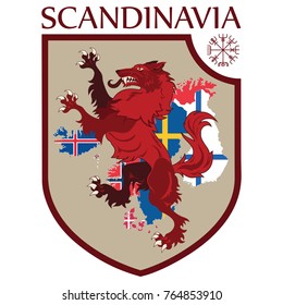 Scandinavian design. Heraldic shield, a wolf on a background map of the Scandinavian Countries - Sweden, Norway, Denmark and Finland, Iceland, Faroe Islands, isolated on white, vector illustration