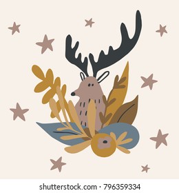 Scandinavian design. Illustration with the image of a deer head in flowers and plants with stars.