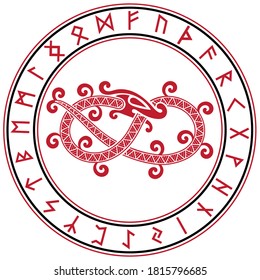 Scandinavian design. The mythical serpent Jormungand and a circle of ancient Scandinavian rune symbols, isolated on white, vector illustration