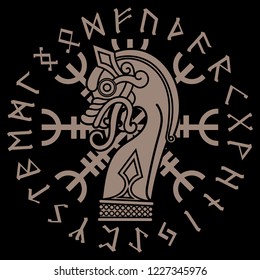 Scandinavian design. The nasal figure of the Viking ship Drakkar in the form of a dragon, Helm of Awe and runic circle, isolated on black, vector illustration