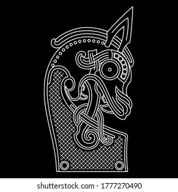 Scandinavian design. The nasal figure of the Viking ship Drakkar in the form of a dragon, isolated on black, vector illustration