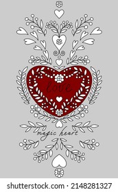 Scandinavian design, nordic ornament with hearts and flowers. Retro decoration. Happy Valentines Day 