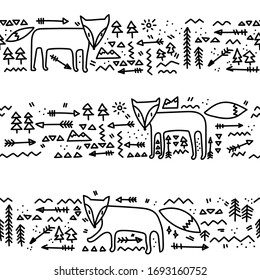 Scandinavian design pattern,vector art graphic.Black white card with cute cartoon doodle animal, fox characters,nordic seamless background textures for baby prints,textile,postcards,decorations