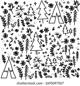 Scandinavian design pattern,vector art graphic.Black white card,nordic forest background textures for baby prints,textile,postcards,decorations. Vector image, clipart, editable details.