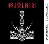 Scandinavian design. Thors hammer - Mjolnir and Norse runes. Inscription Mjolnir - hammer of God Thor, isolated on white, vector illustration