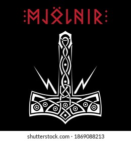 Scandinavian design. Thors hammer - Mjolnir and Norse runes. Inscription Mjolnir - hammer of God Thor, isolated on white, vector illustration
