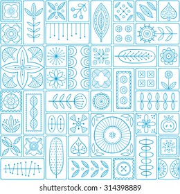 Scandinavian design tiles with floral abstractions. Patterns and ornaments with Scandinavian motifs within the rectangular frames. Linear style illustration. Blue seamless background.