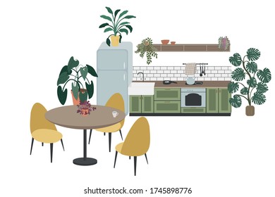 Scandinavian dinner room design. Modern kitchen illustration. Vector interior design