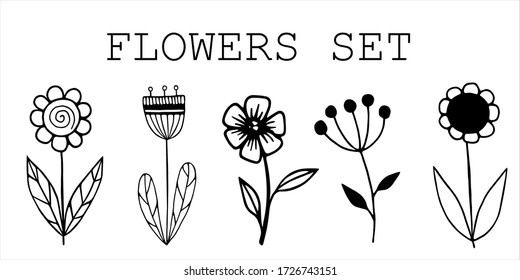 Scandinavian doodle flowers set. Cute hand drawn hygge flowers set. Nordic flowers in ink, doodle style for wedding decoration and arrangements.