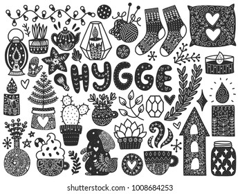 Scandinavian Doodles elements. Black vector items. Illustration with new year decor. Design for prints and cards. Translation - cozy.