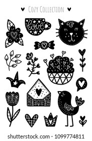 Scandinavian Doodles elements. Black vector items. Illustration with floral decor. Design for prints and cards.