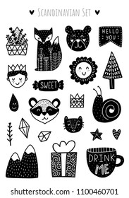 Scandinavian Doodles elements. Black vector items. Illustration with floral decor. Design for prints and cards.