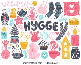 Scandinavian Doodles elements. Color vector items. Illustration with new year decor. Design for prints and cards. Translation - cozy.