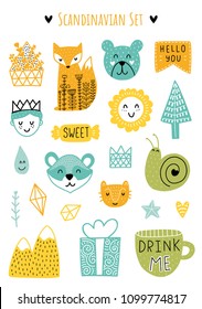 Scandinavian Doodles elements. Color vector items. Illustration with floral decor. Design for prints and cards.
