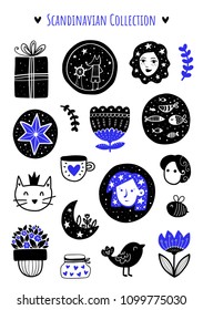 Scandinavian Doodles elements. Color vector items. Illustration with floral decor. Design for prints and cards.