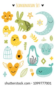 Scandinavian Doodles elements. Color vector items. Illustration with floral decor. Design for prints and cards.