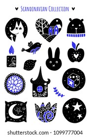 Scandinavian Doodles elements. Color vector items. Illustration with floral decor. Design for prints and cards.